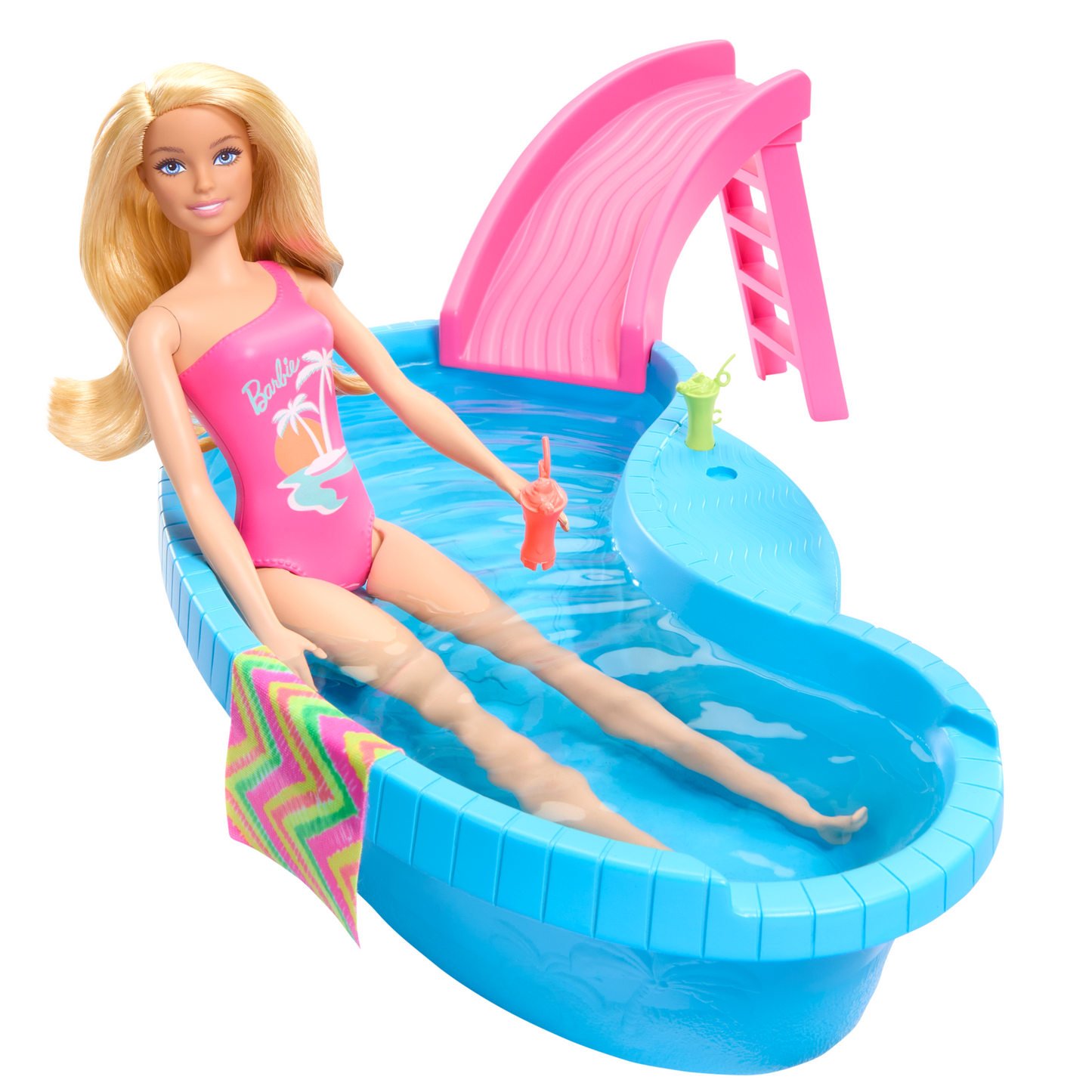 Barbie Coffret de Jeu et Poup¨¦e, Blonde, Piscine, Serviette, Boissons