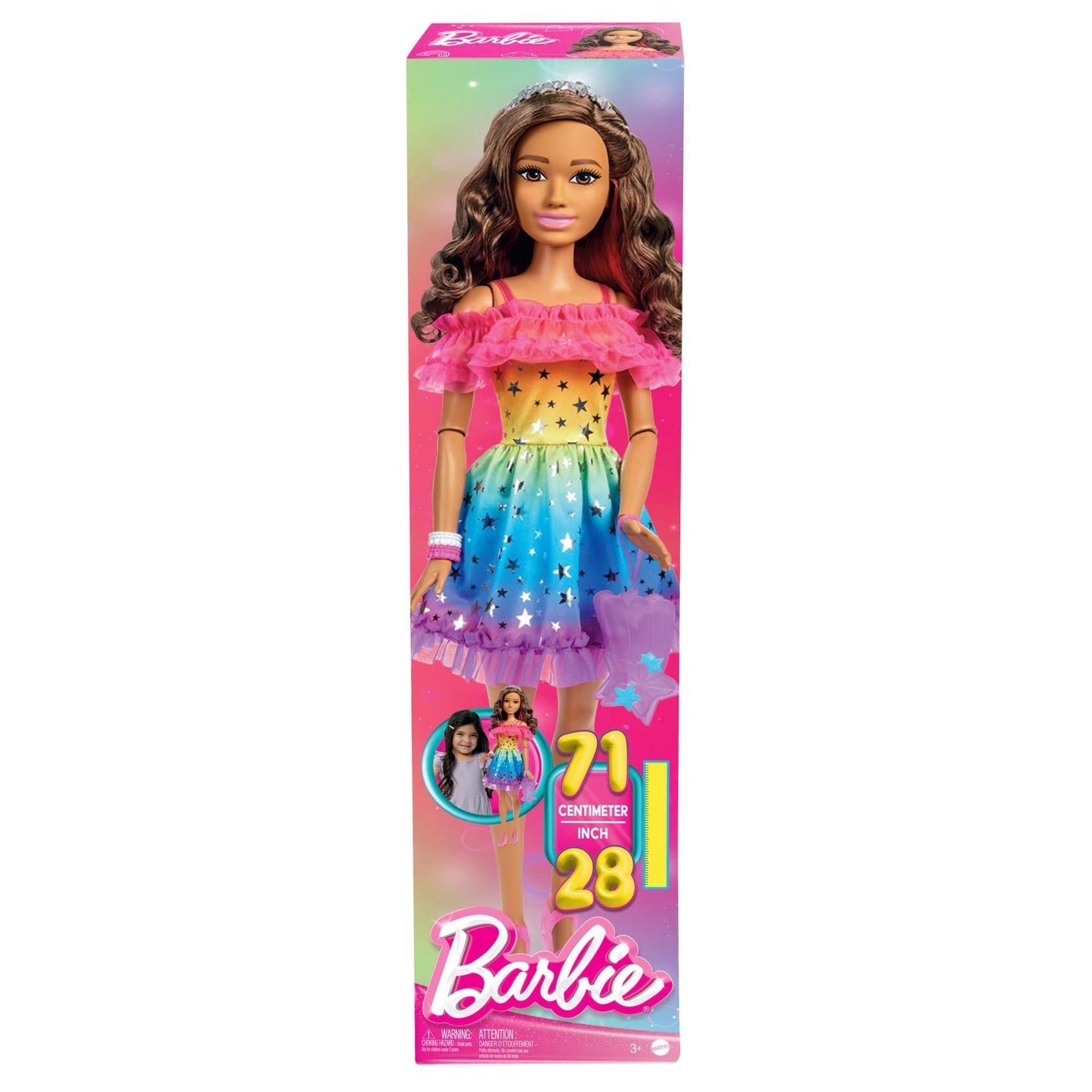 Barbie Poup¨¦e Grand Format 71,12?Cm, Brunette, Robe Arc-en-Ciel